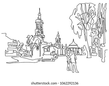 continuous one line drawing of historical town Kamenets-Podolsky in Ukraine in modern minimalistic style, mono line vector illustration
