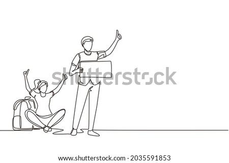 Continuous one line drawing hitchhiking men and women with luggage and thumbs up waiting for car by roadside. Adventure travel, road trip, tourism. Single line draw design vector graphic illustration