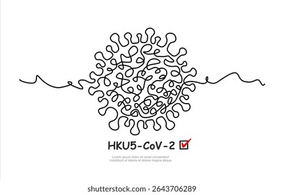 Desenho contínuo de uma linha do vírus HKU5-CoV-2 na China. Estirpe recém-descoberta do coronavírus morcego. Vetor de uma linha desenhado à mão. Traçado editável