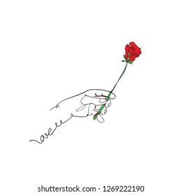 Continuous one line drawing of Holding a rose isolated on white background. vector illustration for banner, poster, web, template, valentine's card, wedding.