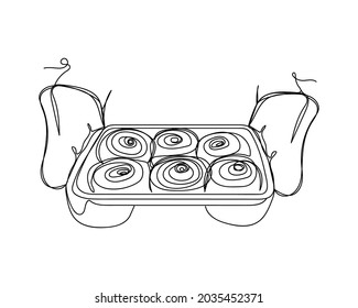 Continuous one line drawing holding a tray full of delicious cinnamon rolls icon in silhouette on a white background. Linear stylized.