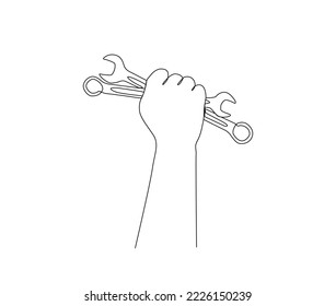 Continuous one line drawing of and holding spanners tool. Man's hand holds a spanners simple line art vector design.