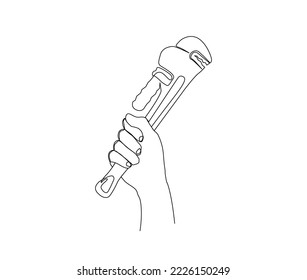 Continuous one line drawing of and holding wrench. Man's hand holds a plumbing wrench  simple line art vector design.