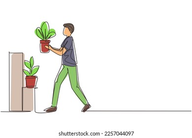 Continuous one line drawing home gardening. Male take care to houseplant. Man carefully puts flower in pot on rack. Hobby growing exotic plants. Stand with rare sprouts. Single line draw design vector