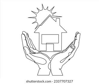 Continuous one line drawing of Home care. Hand hold house vector illustration on isolated background. Building quality business concept.