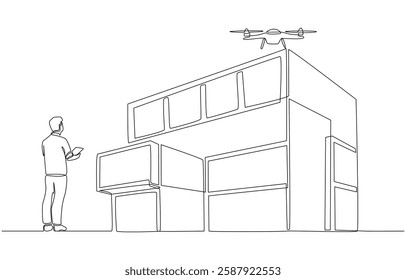 Continuous one line drawing of home inspection employee using drone to inspect house of customer, home inspection concept, single line art