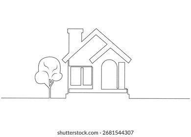 Continuous one line drawing of home icon vector. Modern house illustration. Single one line art home illustration.Hand-drawn house exterior with windows, door,chimney and stairs