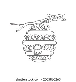 Continuous one line drawing honey hive hanging on branch of tree with honey drop. House of bee. Source of honey. Healthy food. Swirl curl circle style. Single line design vector graphic illustration