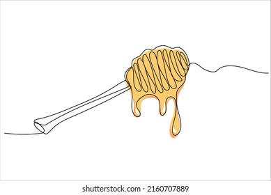Continuous one line drawing of honey dripping from a wooden honey dipper isolated on white background. Hand drawn vector illustration