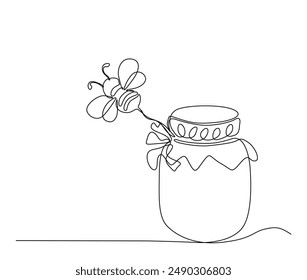 Continuous one line drawing of honey pot and flying bee. Simple illustration of honey bee on the glass jar line art vector illustration.