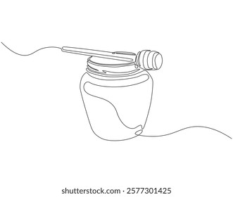 Continuous one line drawing of honey jar. One line drawing illustration of honey glass jar. Sweet pure honey concept single line. Editable outline