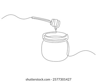 Continuous one line drawing of honey jar. One line drawing illustration of honey glass jar. Sweet pure honey concept single line. Editable outline