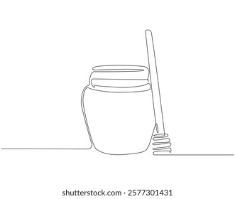 Continuous one line drawing of honey jar. One line drawing illustration of honey glass jar. Sweet pure honey concept single line. Editable outline