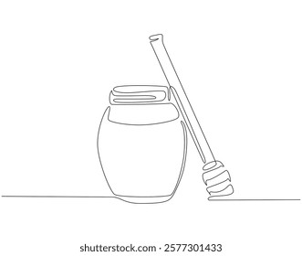 Continuous one line drawing of honey jar. One line drawing illustration of honey glass jar. Sweet pure honey concept single line. Editable outline