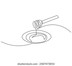 Continuous one line drawing of honey drips. Single line drawing illustration of fresh honey drips from a spoon. Honey concept vector art. Doodle line illustration.