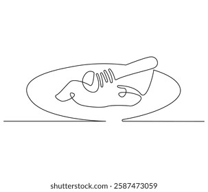Continuous one line drawing of honey drips. Single line drawing illustration of fresh honey drips from a spoon. Honey concept vector art. Doodle line illustration.