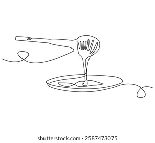 Continuous one line drawing of honey drips. Single line drawing illustration of fresh honey drips from a spoon. Honey concept vector art. Doodle line illustration.