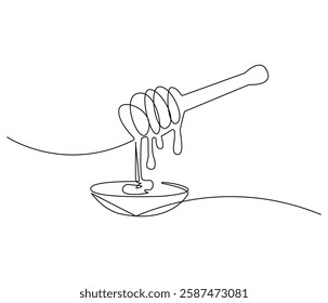 Continuous one line drawing of honey drips. Single line drawing illustration of fresh honey drips from a spoon. Honey concept vector art. Doodle line illustration.