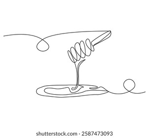 Continuous one line drawing of honey drips. Single line drawing illustration of fresh honey drips from a spoon. Honey concept vector art. Doodle line illustration.