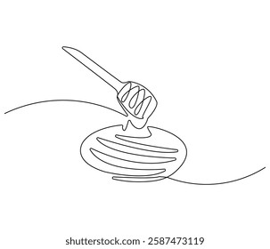 Continuous one line drawing of honey drips. Single line drawing illustration of fresh honey drips from a spoon. Honey concept vector art. Doodle line illustration.