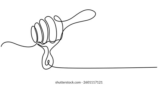  Continuous one line drawing of honey spoon dripping from a wooden honey dipper isolated on white background. Hand drawn vector illustration, Continuous one line drawing of a wooden spoon for