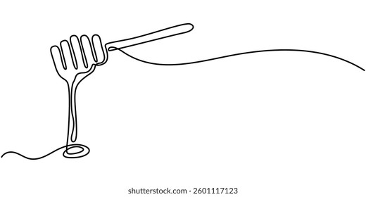 Continuous one line drawing of honey spoon dripping from a wooden honey dipper isolated on white background. Hand drawn vector illustration, Continuous one line drawing of a wooden spoon for