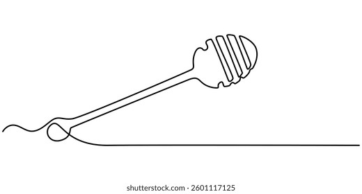  Continuous one line drawing of honey spoon dripping from a wooden honey dipper isolated on white background. Hand drawn vector illustration, Continuous one line drawing of a wooden spoon for