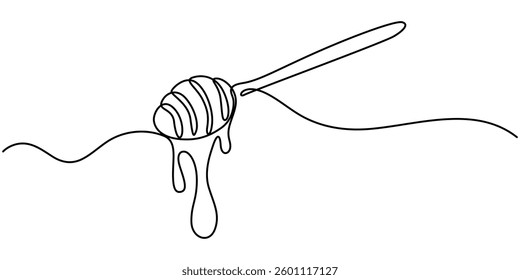  Continuous one line drawing of honey spoon dripping from a wooden honey dipper isolated on white background. Hand drawn vector illustration, Continuous one line drawing of a wooden spoon for