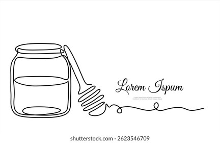Continuous one line drawing of honey jar. One line drawing illustration of honey glass jar. Sweet pure honey concept single line. Editable outline
