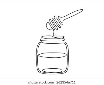 Continuous one line drawing of honey jar. One line drawing illustration of honey glass jar. Sweet pure honey concept single line. Editable outline