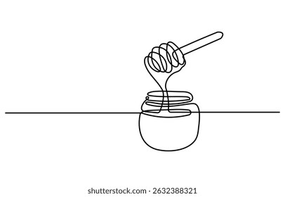 Continuous one line drawing of honey jar. One line drawing illustration of honey glass jar. Sweet pure honey concept single line. Editable outline