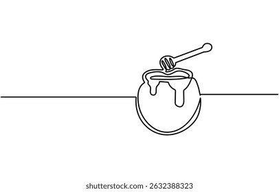 Continuous one line drawing of honey jar. One line drawing illustration of honey glass jar. Sweet pure honey concept single line. Editable outline
