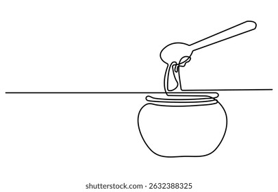 Continuous one line drawing of honey jar. One line drawing illustration of honey glass jar. Sweet pure honey concept single line. Editable outline