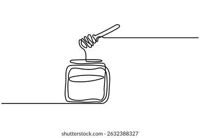 Continuous one line drawing of honey jar. One line drawing illustration of honey glass jar. Sweet pure honey concept single line. Editable outline