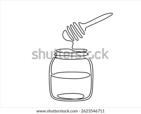 Continuous one line drawing of honey jar. One line drawing illustration of honey glass jar. Sweet pure honey concept single line. Editable outline