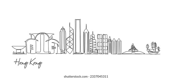 Continuous one line drawing of Hong Hongkong. Vector illustration for travel and tourim destination design concept