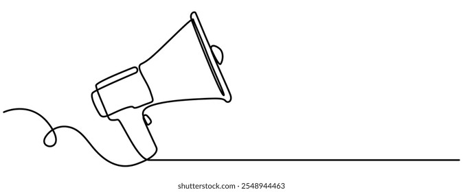  Continuous one line drawing of horn speaker signs and symbol for announcement and employee hiring vector illustration. Pro vector, Public horn speaker in One continuous line drawing. Megaphone