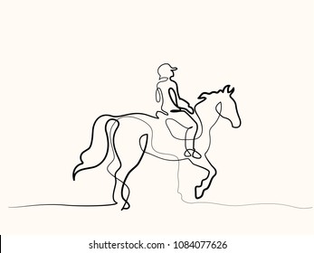 Continuous one line drawing. Horse and rider on horseback logo. Black and white vector illustration. Concept for logo, card, banner, poster, flyer