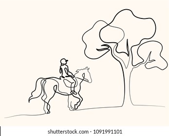 Continuous one line drawing. Horse and rider on horseback under tree. Black and white vector illustration. Concept for logo, card, banner, poster, flyer