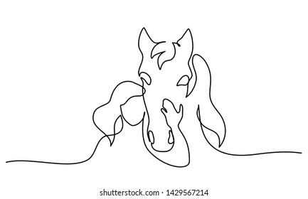 Dibujo continuo de una línea. Logo de Cabeza de Caballo y Mujer. Ilustración vectorial en blanco y negro. Concepto de logotipo, tarjeta, pancarta, afiche, volante