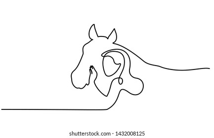 Continuous one line drawing. Horse and woman heads logo. Black and white vector illustration. Concept for logo, card, banner, poster, flyer