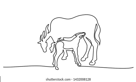 Continuous one line drawing. Horse feeds little foal. Black and white vector illustration. Concept for logo, card, banner, poster, flyer