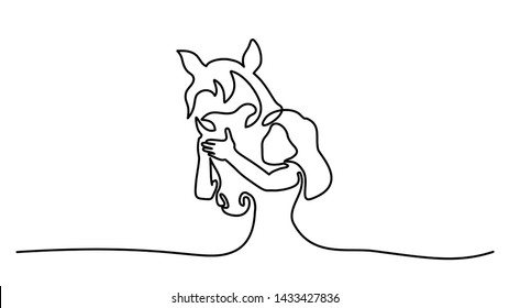 Continuous one line drawing. Horse and woman heads logo. Black and white vector illustration. Concept for logo, card, banner, poster, flyer