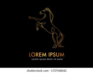 Dibujo continuo de una línea. Logo del caballo. Ilustración vectorial de oro y negro. Concepto de logotipo, tarjeta, pancarta, afiche, volante. Arte de dibujo de una línea de caballo. Resumen del logo de los animales mínimo.