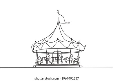 Continuous One Line Drawing Horse Carousel In An Amusement Park Spinning Under A Large Tent With A Flag On It. Recreation That Children Love. Single Line Drawing Design Vector Graphic Illustration