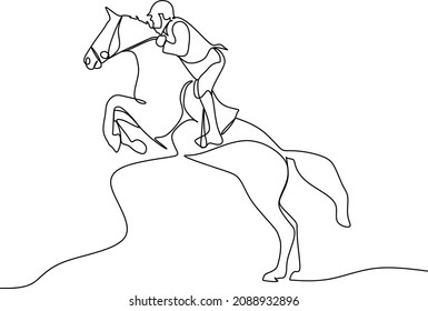 Continuous one line drawing. Horse and rider on horseback logo. Black and white vector illustration.