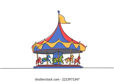 Continuous One Line Drawing Horse Carousel In An Amusement Park Spinning Under A Large Tent With A Flag On It. Recreation That Children Love. Single Line Drawing Design Vector Graphic Illustration