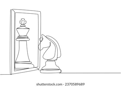 Una línea contínua dibujando el ajedrez parado frente al espejo, reflejando al rey del ajedrez. Metáfora de confianza. Éxito, concepto de oportunidades. Posibilidad. Ilustración vectorial de diseño de líneas simples