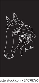 Continuous one line drawing. Horse and woman heads logo. Black and white vector illustration. 
