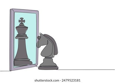 Continuous one line drawing horse chess standing in front of mirror, reflecting chess king. Metaphor of confidence. Success, opportunities concept. Chance. Single line draw design vector illustration